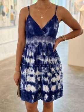 miami Blue and White Tie-Dye Spaghetti Strap Dress